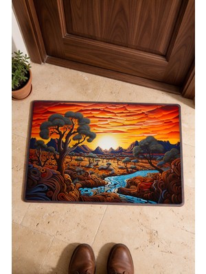 Painted Anarchy Turuncu Mavi Manzara Desenli 959 Kapı Önü Paspası 40X60 cm Kaymaz Tabanlı Dekoratif