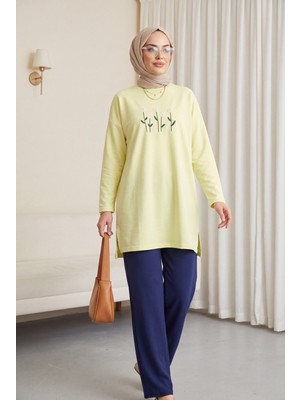 Moda Morfo Papatya Nakışlı Yuvarlak Yaka Penye Tunik -Açık Sarı