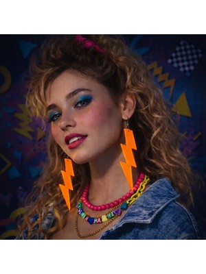 Mr 80’ler 90&amp;apos;lar Retro Neon Turuncu Şimşek Küpe 10 cm