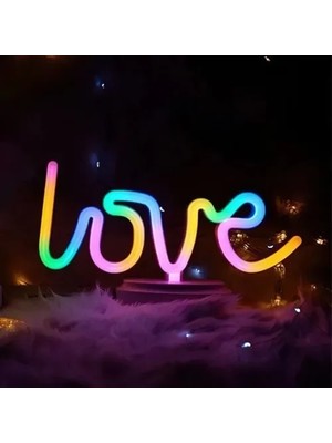 Romantik Neon Işıklı Love Yazılı Masa Lambası USB Pil