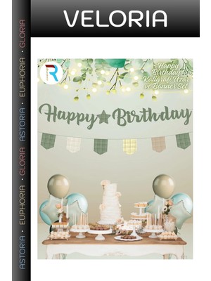 Veloria Premium Asma Flama Dekoratif Mekan Happy Birthday Yeşil Bayraklı Kaligrafi Banner