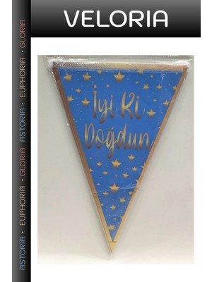 Veloria Özel Üretim Duvar Dekoru Dekor Kutlama Süsü Mavi Gold Iyi Ki Doğdun Üçgen Flama