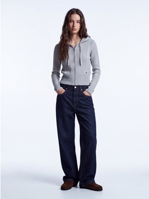 LTB Slim Fit Kapüşonlu Örgü Detaylı Gri Hırka