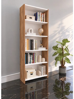 Nur Mobilya Melisa 5 Raflı Modern Kitaplık Beyaz Yonga Levha 60x20x170 cm Ceviz Renk