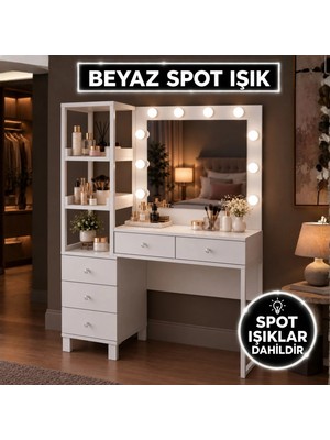 Rani BJ128  Hollywood Işıklı Aynalı Kulis  Makyaj Masası Beyaz Modern Tasarım 5 Çekmeceli Raflı Takı Düzenleyici Beyaz Suntalam Malzeme