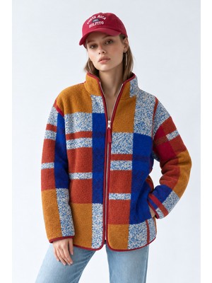 Mixray 4981 Kadın Retro Ekose Desenli Cepli Yumuşak Dokulu Polar Sweatshirt