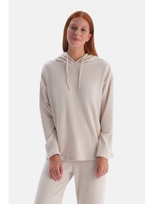 Dagi Ekru Melanj Kapşonlu Kalın Rib Sweatshirt