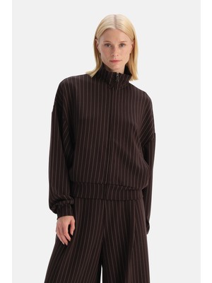 Dagi Koyu Kahve Çizgi Detaylı Fermuarlı Sweatshirt