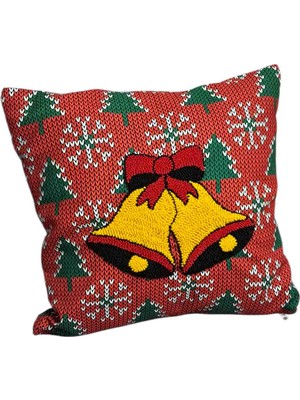 Reyn Handmade Yılbaşı Temalı El Yapımı Punch Nakışlı Kırlent Kılıfı - Yılbaşı Çan ve Kar Tanesi Desenli Dekoratif Yastık Kılıfı