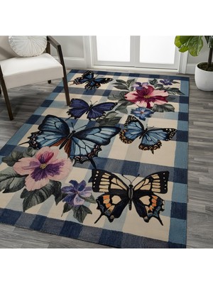 Kilim Home Mars 211 Mavi Beyaz Ekose Çiçek Kelebek Figürlü Modern Dokuma Taban Dekoratif Halı