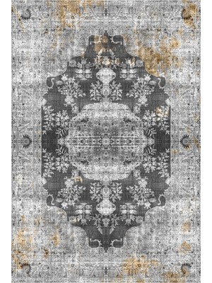 Kilim Home Mars 2155 Gri Siyah Hardal Sarı Vintage Desenli Dokuma Taban Halı