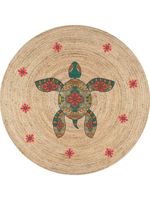 Kilim Home Boho 998 Jüt Doğa Iplik Ile Üretilmiş Kaplumbağa Desenli Yuvarlak Natural Renk Çift Taraflı Jüt
