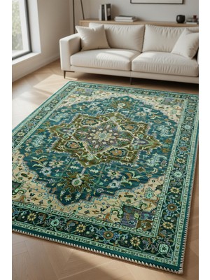 Kilim Home Klasik Madalyon Desenli Kaymaz Taban Halı - Turkuaz Salon Halısı