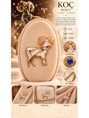 Mdm Style Koç Burcu Detaylı Mavi Taşlı Gold Broş