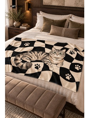 Marte Home Cat - 100X170 cm Renkli Kedi Desenli Tek Taraf Dijital Baskılı Polar Tv Battaniyesi