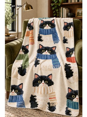 Marte Home Cat - 100X170 cm Renkli Kedi Desenli Tek Taraf Dijital Baskılı Polar Tv Battaniyesi