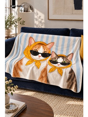 Marte Home Cat - 100X170 cm Renkli Kedi Desenli Tek Taraf Dijital Baskılı Polar Tv Battaniyesi