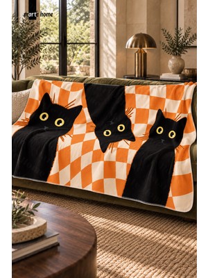 Marte Home Cat - 100X170 cm Renkli Kedi Desenli Tek Taraf Dijital Baskılı Polar Tv Battaniyesi
