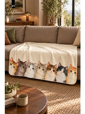 Marte Home Cat - 100X170 cm Renkli Kedi Desenli Tek Taraf Dijital Baskılı Polar Tv Battaniyesi