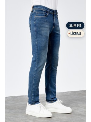 Hlt Jeans Erkek Açık Mavi Taşlamalı Slim Fit Likralı Jean Kot Pantolon HLTHE001943-A