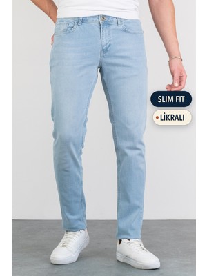 Hlt Jeans Erkek Açık Mavi Taşlamalı Slim Fit Likralı Kot Jean Pantolon HLTHE001956-A