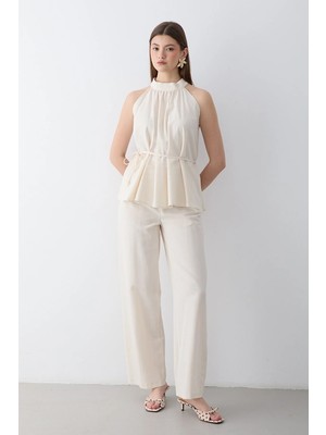 Jaste Kadın Naturel Halter Yaka Kuşak Detaylı Bluz Pantolon Takım