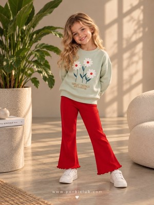 Ponki Çiçekli Kız Çocuk Sweatshirt Pantolon Takım