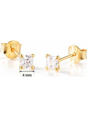 Nereze 925 Ayar Gümüş Gold Kaplama 4 mm Kare Star Kesim Minimal Tektaş Küpe