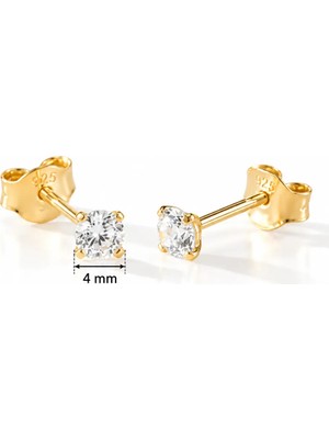 Nereze 925 Ayar Gümüş Gold Kaplama 4 mm Yuvarlak Star Kesim Minimal Tektaş Küpe