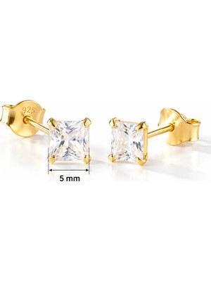 Nereze 925 Ayar Gümüş Gold Kaplama 5 mm Kare Star Kesim Minimal Tektaş Küpe