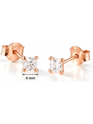 Nereze 925 Ayar Gümüş Rose Kaplama 4 mm Kare Star Kesim Minimal Tektaş Küpe