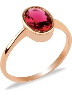 İndigo Takı Oval Fuşya Taşlı Sıvama Tektaş Rose Gümüş Yüzük
