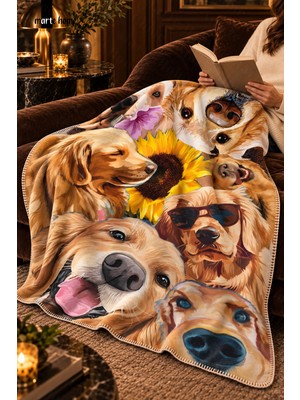 Marte Home Dog - 100X170 cm Renkli Köpek Desenli Tek Taraf Dijital Baskılı Polar Tv Battaniyesi