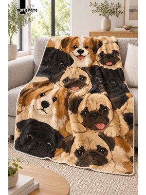Marte Home Dog - 100X170 cm Renkli Köpek Desenli Tek Taraf Dijital Baskılı Polar Tv Battaniyesi