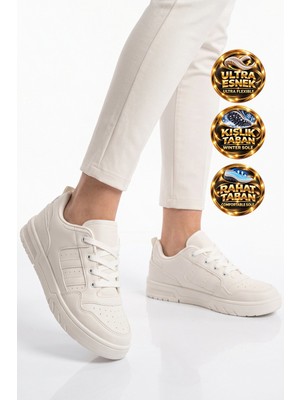 Cool Beyaz Bağcıklı Kalın Tabanlı Unisex Yürüyüş ve Spor Ayakkabı Sneaker Foor