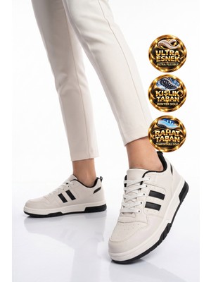 Cool Beyaz-Siyah Bağcıklı Kalın Tabanlı Unisex Yürüyüş ve Spor Ayakkabı Sneaker Foor