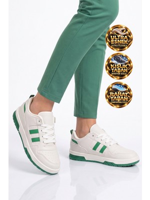 Cool Beyaz-Yeşil Bağcıklı Kalın Tabanlı Unisex Yürüyüş ve Spor Ayakkabı Sneaker Foor