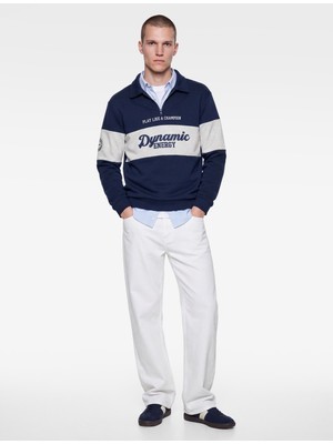 Koton Uzun Kollu Üç Iplik Şardonlu Renk Bloklu Yarım Fermuarlı Polo Yaka Baskılı Sweatshirt