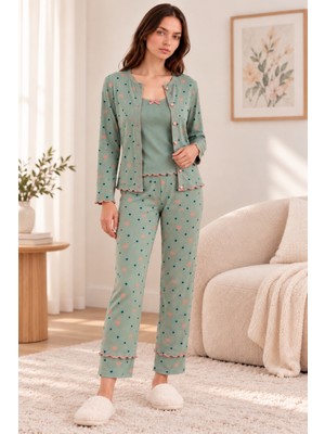 Nisanca Kadın Premium Soft 3 Parça Pijama Takımı – Pinterest Tarzı Desenli, Yumuşak Dokulu, Düğmeli Hırkalı Şık Ev Giyim Seti