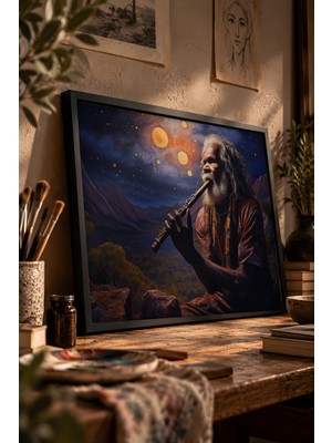 Painted Anarchy Yıldızlı Gece Didgeridoo Sahnesi Siyah Çerçeveli Tablo - Dekoratif Duvar Dekoru
