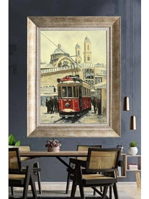 Giyense Tablo Taksim Tünel Yazılı Karlı Istanbul Nostaljik Tramvay Çerçeveli Duvar Tablosu