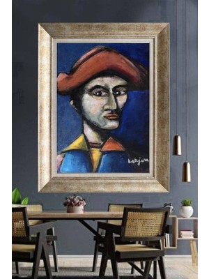 Giyense Tablo Lorjou Imzalı Şapkalı Erkek Portresi Klasik Yağlı Boya Çerçeveli Duvar Tablosu