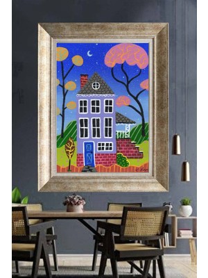 Giyense Tablo Mor Ev ve Pembe Ağaçlar Sokak Manzaralı Çerçeveli Duvar Tablosu Modern Poster