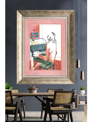 Giyense Tablo Pembe Paspartu Çerçeveli Piyano Çalan Kadın Illüstrasyon Duvar Tablosu Modern Poster