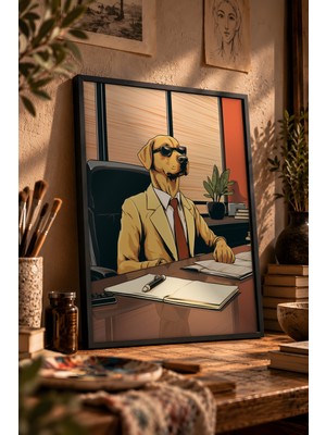 Painted Anarchy Takım Elbiseli Köpek Portresi Siyah Çerçeveli Tablo - Karikatür Duvar Dekoru