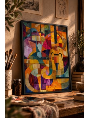 Painted Anarchy Kübist Müzik Aleti Kolajı Siyah Çerçeveli Tablo - Kübist Duvar Dekoru