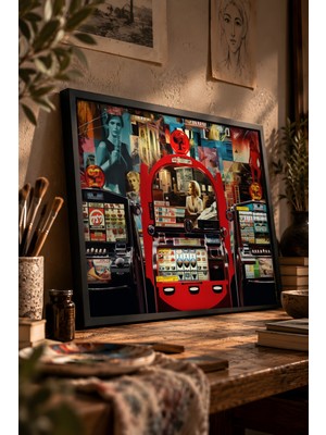 Painted Anarchy Işıltılı Slot Makinesi Detayı Siyah Çerçeveli Tablo - Pop Art Duvar Dekoru