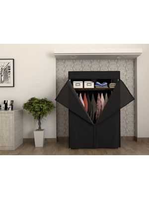 Ayizi Kitap Dzgn Home Metal Çelik Borulu Plastik Raflı Ekonomik Bez Dolap Gardırop Portatif Gardrop-Siyah