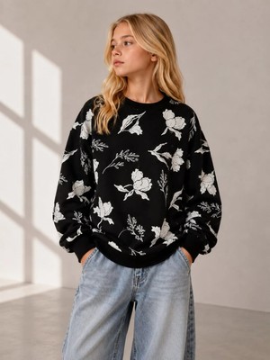 Haykids 2 Iplik Bisiklet Yaka Gül Baskılı Uzun Kollu Sweat Siyah - 8 Yaş