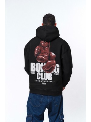 Hai Collection Haı Collectıon Boxing Club Baskılı Oversize Kapüşonlu Sweatshirt Siyah Unisex Hoodie